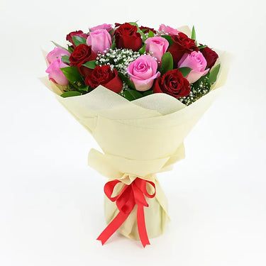 Pink and Red Harmony, Bouquet, 10 Pink Roses, 10 Red Roses,Single Ruscus Leaves, Red Ribbon